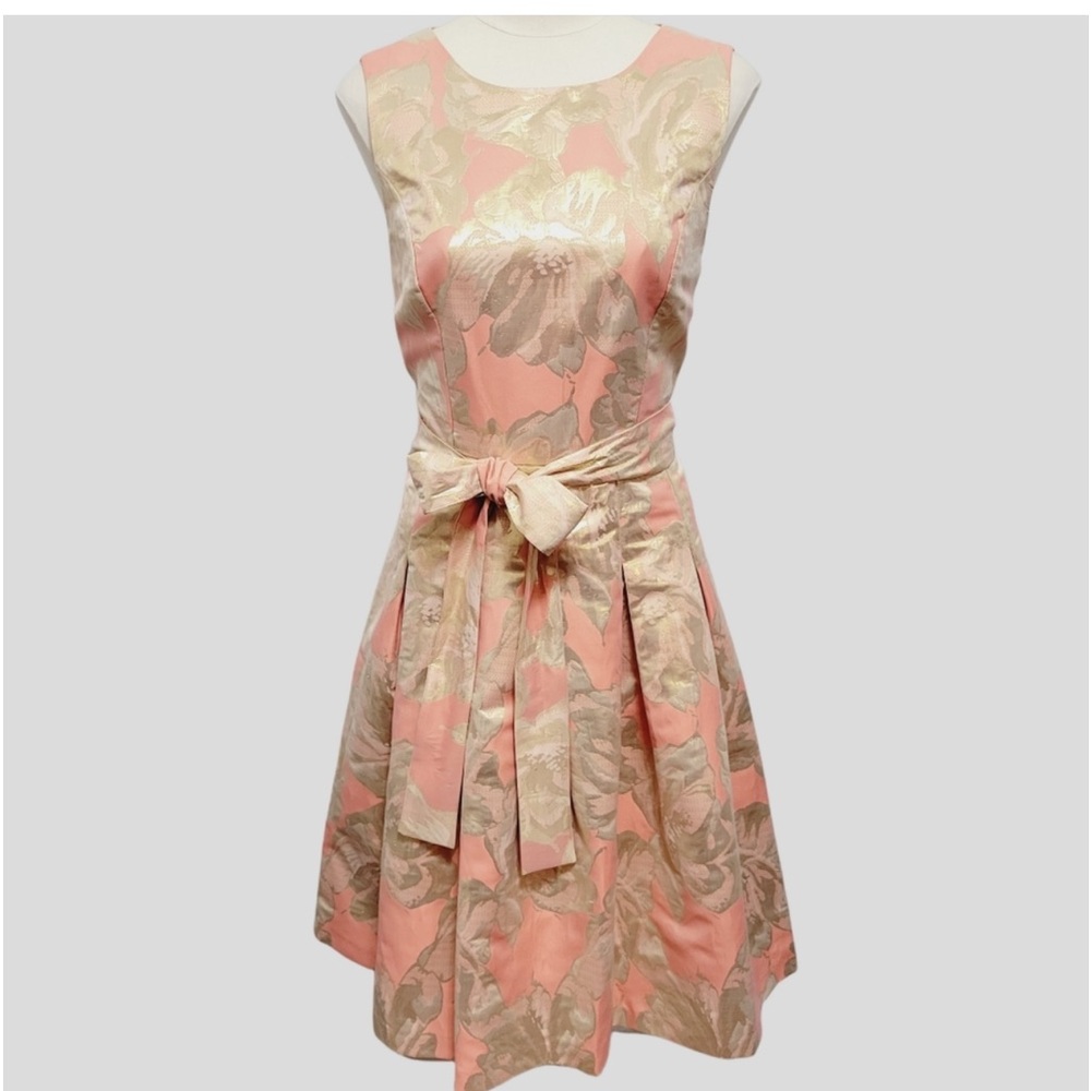 Tommy Hilfiger Dress Coral Gold Metallic Floral Jacquard Belted Fit & Flare